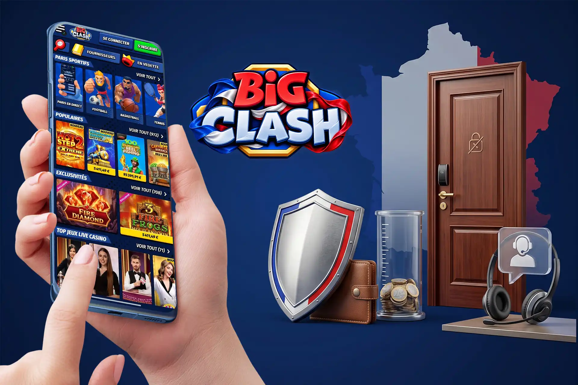 Outils de jeu responsable et d'auto-exclusion sur BigClash Casino en France, illustrés par un bouclier, un portefeuille et une porte fermée
