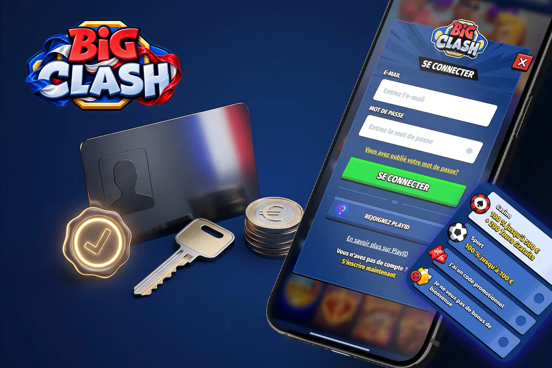 Processus de création de compte et de connexion sécurisé sur BigClash Casino, montré via un formulaire mobile, une clé dorée et une carte d'identité
