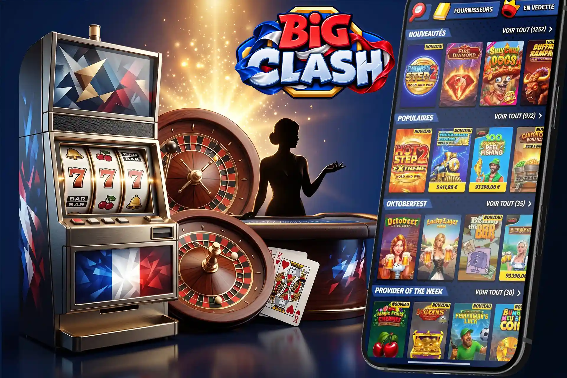 Catalogue retenu : 10 000 titres, une centaine de studios. Catégories du lobby : populaires, nouveautés, machines à sous, achats de bonus, Megaways, jackpots, tables, casino en direct, instantanés.